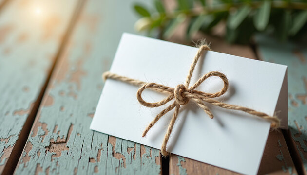 Gift  white card tied with twine on rustic surface
