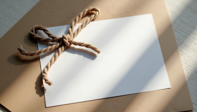 White postcard tied with string on wooden surface