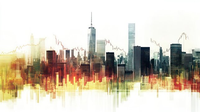 Cityscape Skyline With Overlaid Stock Market Charts, Business Growth, Investment, Finance