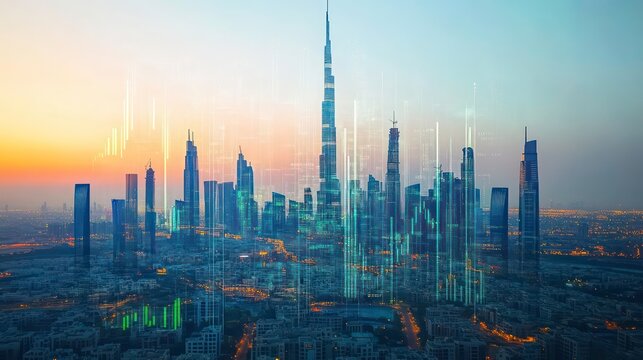 Cityscape Skyline With Overlaid Stock Market Charts, Business Growth, Investment, Finance