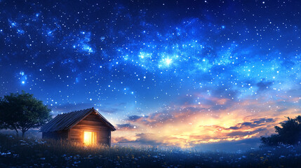 A large sky with a small glowing wooden stable in the corner under a dark blue starry night, representing the birth of Jesus Christ with a minimalistic bright tone and empty space for text

