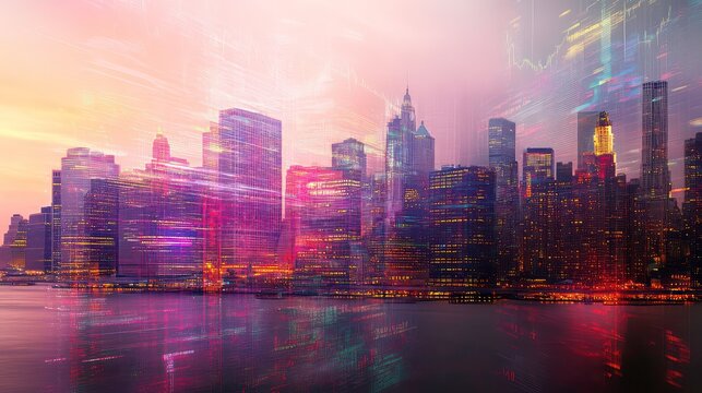 Cityscape Skyline With Overlaid Stock Market Charts, Business Growth, Investment, Finance