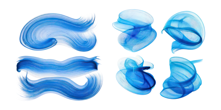 Abstract Blue Brush Strokes and Fluid Shapes,PNG set collection, isolated on transparent background