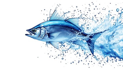 Obraz premium Blue Fish Leaping from Water, Dynamic Splash, Aquatic Life