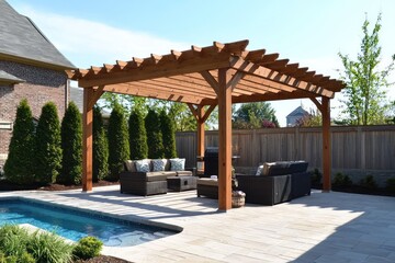 Fototapeta premium Wooden pergola over a poolside area with inviting patio furniture.