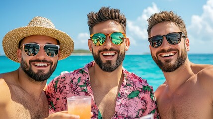 Three Smiling Friends Enjoying Summer on a Boat with Tropical Drinks Under the Bright Sun by the Ocean