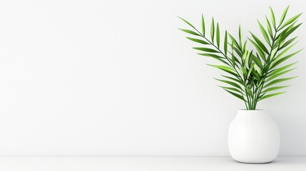 Lush Green Plant in Elegant White Vase Against Minimalist White Background for Modern Home Decor