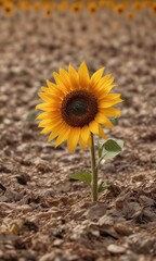 Dry sunflower flowers and seeds in a dry field after harvest, barren landscape, abandoned land