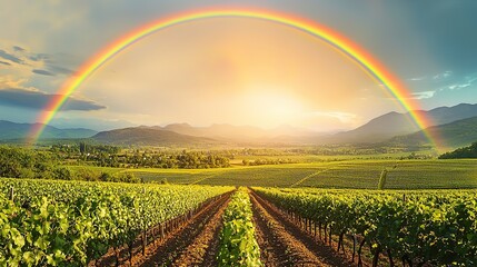 Obraz premium Rainbow over Vineyard at Sunset