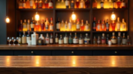 Warm, inviting bar counter with a blurred backdrop of liquor bottles on shelves illuminated by soft lighting