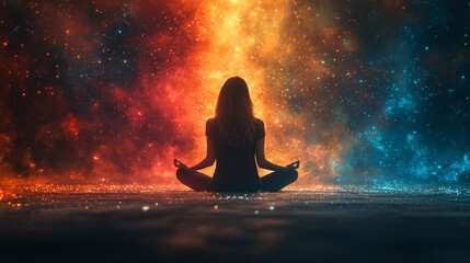 A silhouette of a woman meditating surrounded by glowing magical lights symbolizing positive energy and inner peace with a minimalistic bright tone and an empty space for text or captions

