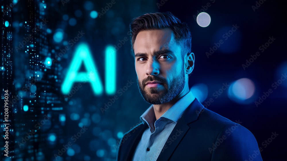 Poster businessman representing artificial intelligence in futuristic technological environment