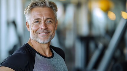 Portrait of smiling Middle aged man working out gym fitness healthy lifestyle gym fitness for seniors, healthy aging, active lifestyle
