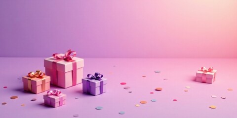 A Festive Arrangement of Pastel-Colored Presents with Confetti on a Soft Pink Background