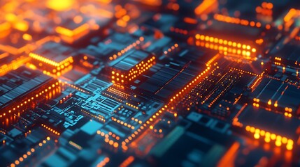 Close-up of an Abstract Circuit Board with Orange Lights