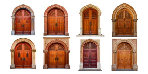 Elegant Wooden Doors with Intricate Designs,PNG set collection, isolated on transparent background