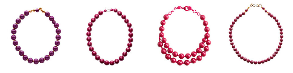 Naklejka premium Vibrant beaded necklaces in warm burgundy red and pink shades laid on a plain background The necklaces feature various shapes sizes and textures of beads