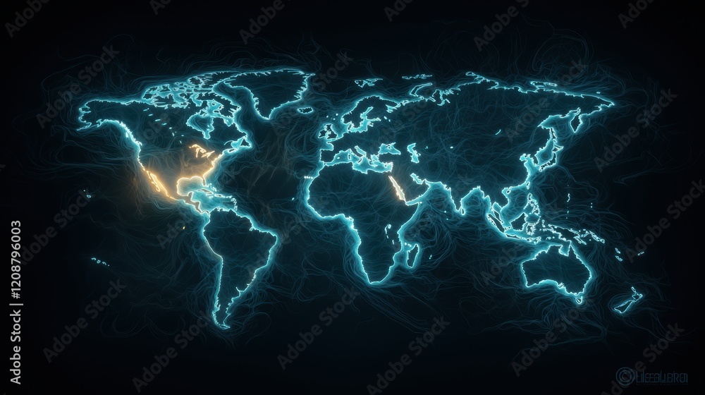 Aufkleber global network stylized world map with interconnected nodes, data streams flowing across countries, 