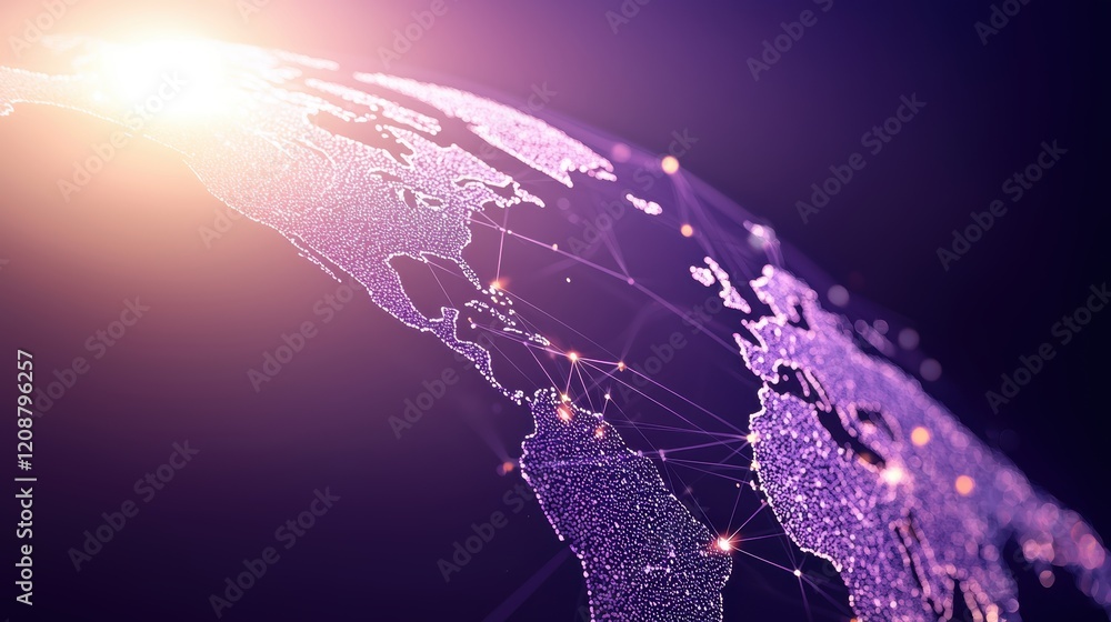 Poster global network world map projected onto a digital screen with interactive data points, network conne