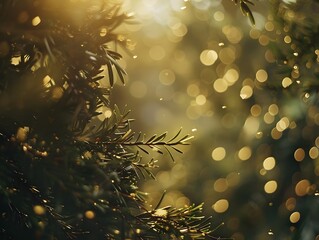 evergreen tree branches with soft-focus golden bokeh lights in the background