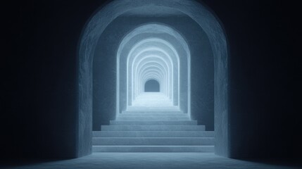 Fototapeta premium Illuminated Archway Corridor, Steps, Mystery, Futuristic, Background Design