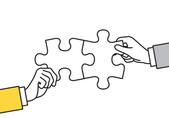 ビジネスにおけるコラボレーションやチームワークのイメージイラスト　パズルを持つ人　線画