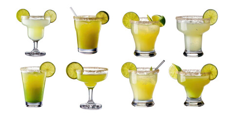 Colorful Cocktail Glasses with Lime Slices,PNG set collection, isolated on transparent background