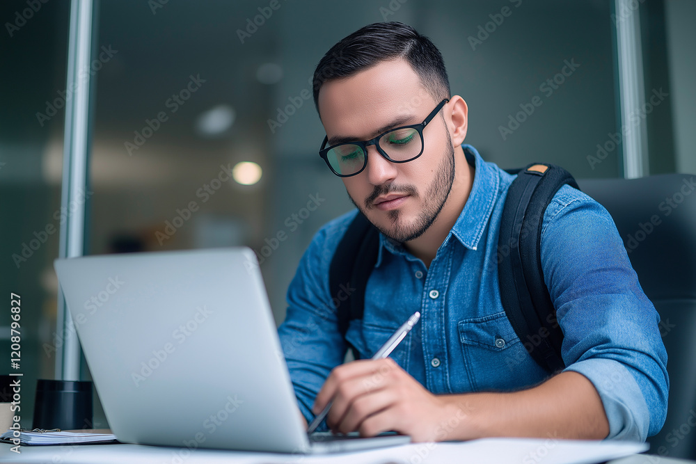 Poster Focused university student working on laptop and taking notes in library