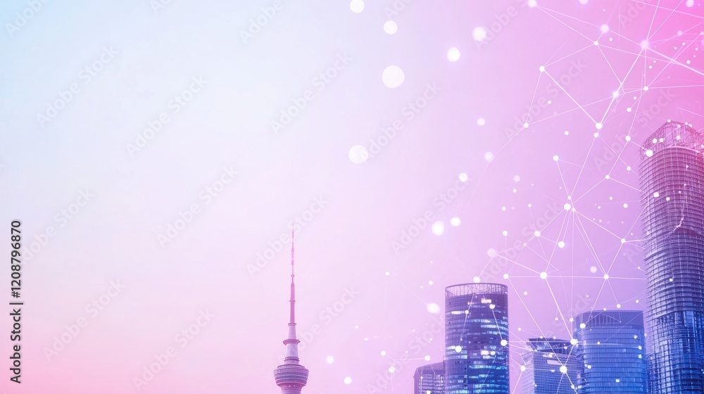 Poster networking technology and communication futuristic cityscape with interconnected digital nodes, data