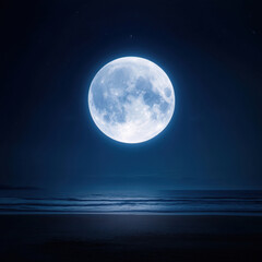 glowing moon illuminates night sky over tranquil ocean, creating serene atmosphere