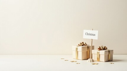 Elegant cream gift boxes with gold ribbon adornments, a minimalist Christmas sign, and scattered golden stars create a festive scene against a neutral backdrop.
