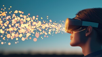 networking Technology and Communication Person using a virtual reality headset with network connections emanating from it, data streams flowing towards the user, representing immersive digital