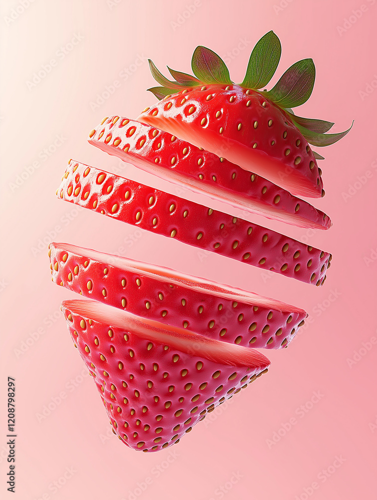 Poster sliced strawberry floating on pink background