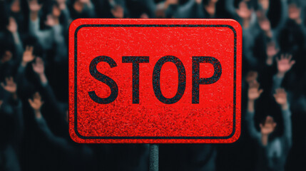 Red stop sign in front of crowd with raised hands, conveying urgency and attention. scene captures moment of collective action