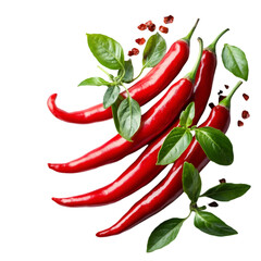 Red fresh chili peppers set falling pepper slieces natural hot on wight background
