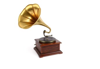 A golden record player sits on a wooden base AI generated