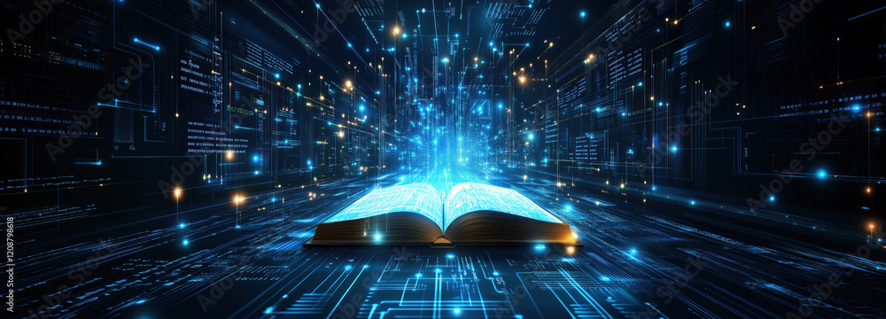 Poster open glowing book surrounded by futuristic digital interface, symbolizing ai powered knowledge and d