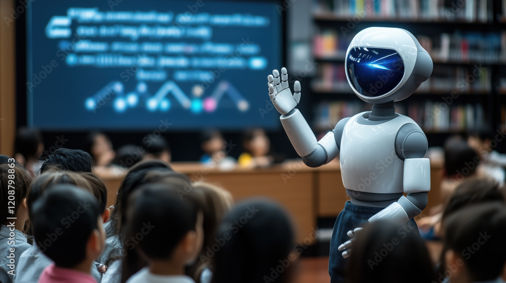 Poster humanoid robot teacher with futuristic design interacts with group of children in library