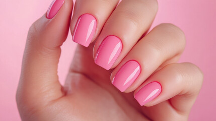 Glossy pink nails with jelly like texture create fun and vibrant look