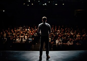 Engaging Speaker Captivating Audience in Dramatic Lighting Setting