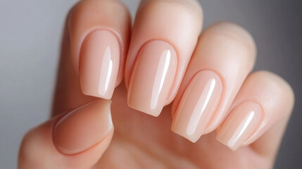 Latte colored nails with glossy finish and pearlescent details create elegant look. Perfect for any occasion, these nails enhance beauty and style