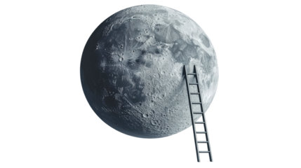 Conceptual artwork featuring a ladder reaching for the moon isolated on transparent background