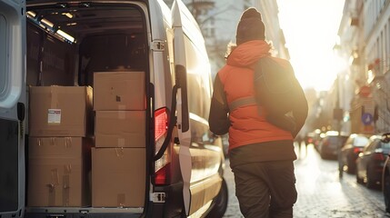 
A detailed scene of a delivery professional in action, unloading packages from a spacious van