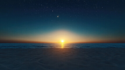 serene ocean sunset with starry sky and distant meteor, creating tranquil atmosphere