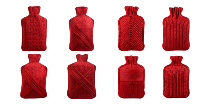 Red Knitted Hot Water Bottles Collection,PNG set collection, isolated on transparent background