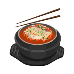 Vector Illustration Logo Clipart Kimchi Jjigae or Kimchi Stew On a Ttukbaegi
