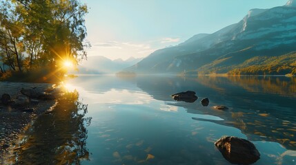  a pristine mountain lake at sunrise, with crystal-clear water reflecting