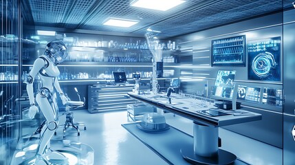 A Futuristic Laboratory with a Humanoid Robot and Advanced Technology