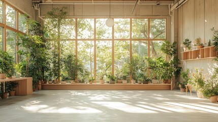 Bright and airy indoor space filled with lush greenery and large windows, creating a serene atmosphere perfect for relaxation or work.