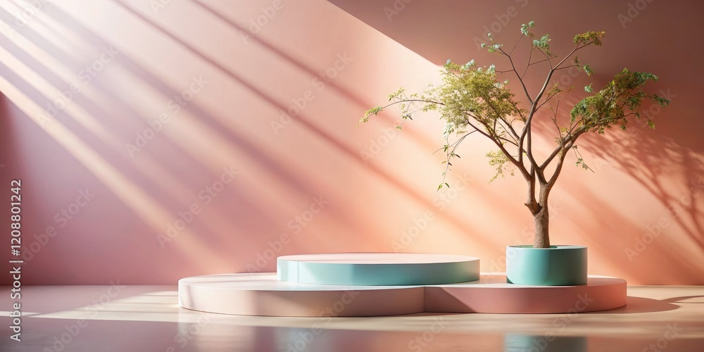 Poster abstract geometric branch shadow graces a pastel stucco podium, bokeh adding depth to this minimalis